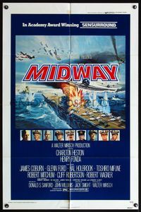 4h676 MIDWAY 1sh '76 Charlton Heston, Henry Fonda, cool artwork of battleship under attack!