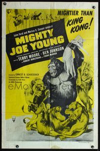 4h677 MIGHTY JOE YOUNG 1sh R57 1st Harryhausen, great art of ape holding girl attacked by lions!