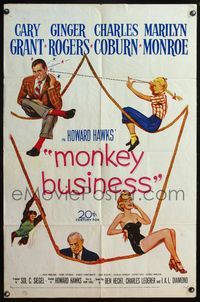 4h685 MONKEY BUSINESS 1sh '52 Cary Grant, Ginger Rogers, sexy Marilyn Monroe, Charles Coburn