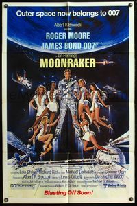 4h687 MOONRAKER advance 1sh '79 art of Roger Moore as James Bond & sexy babes by Gouzee!