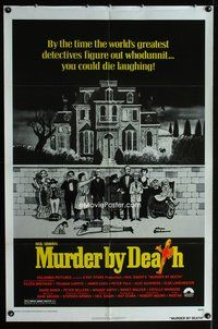 4h691 MURDER BY DEATH 1sh '76 great Charles Addams artwork of cast by dead body & spooky house!