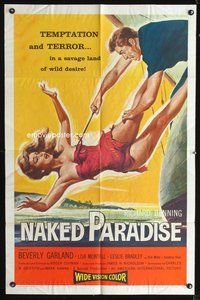 4h695 NAKED PARADISE 1sh '57 art of super sexy falling Beverly Garland caught by hook!