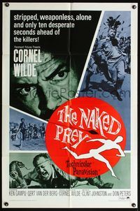 4h696 NAKED PREY 1sh '65 Cornel Wilde stripped and weaponless in Africa running from killers!