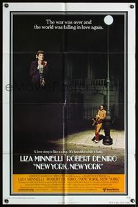 4h708 NEW YORK NEW YORK style A 1sh '77 Robert De Niro plays sax while Liza Minnelli sings!