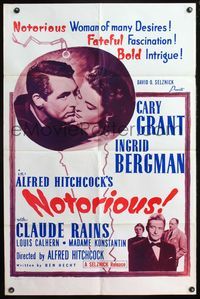 4h735 NOTORIOUS 1sh R60s classic image of Cary Grant & Ingrid Bergman!