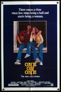 4h745 ONE ON ONE 1sh '77 great image of Robby Benson holding basketball & Annette O'Toole!