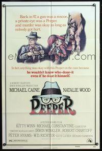 4h763 PEEPER 1sh '75 Michael Caine, Natalie Wood, cool cartoon detective art!