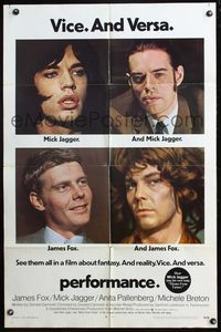4h766 PERFORMANCE 1sh '70 directed by Nicolas Roeg, Mick Jagger & James Fox trading roles!
