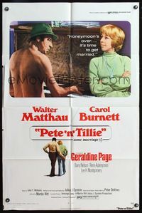 4h767 PETE 'N' TILLIE 1sh '73 naked Walter Matthau plays piano for Carol Burnett, Martin Ritt