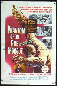 4h770 PHANTOM OF THE RUE MORGUE 1sh '54 3-D, cool art of the mammoth monstrous man & sexy girl!