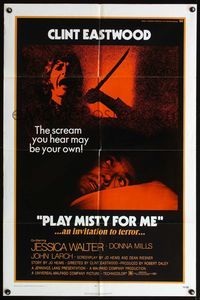 4h776 PLAY MISTY FOR ME 1sh '71 classic Clint Eastwood, an invitation to terror!