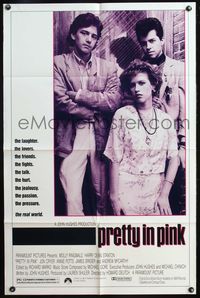 4h788 PRETTY IN PINK 1sh '86 great portrait of Molly Ringwald, Harry Dean Stanton & Jon Cryer!