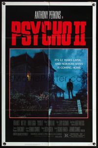 4h797 PSYCHO II 1sh '83 Anthony Perkins as Norman Bates, cool creepy image of classic house!