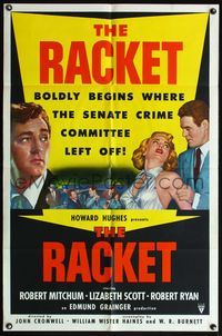 4h803 RACKET 1sh '51 Robert Ryan grabs sexy Lizabeth Scott, Robert Mitchum, Howard Hughes