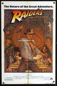 4h808 RAIDERS OF THE LOST ARK 1sh R82 great artwork of Harrison Ford by Richard Amsel!
