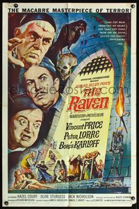 4h012 RAVEN 1sh '63 artwork of Boris Karloff, Vincent Price & Peter Lorre by Reynold Brown!