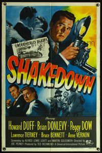 4h857 SHAKEDOWN 1sh '50 Howard Duff, Brian Donlevy, Peggy Dow, great film noir art!