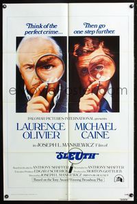 4h880 SLEUTH int'l 1sh '72 Laurence Olivier & Michael Caine with magnifying glasses!