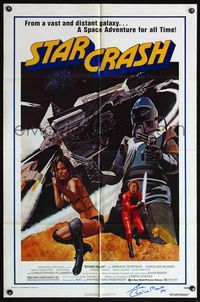 4h894 STARCRASH signed 1sh '79 by sexy barely-dressed Caroline Munro, who is drawn by John Solie!