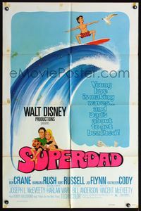 4h906 SUPERDAD 1sh '74 Walt Disney, wacky art of surfing Bob Crane & Kurt Russell w/guitar!