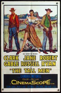 4h916 TALL MEN 1sh '55 full-length art of Clark Gable, sexy Jane Russell showing leg & Robert Ryan!