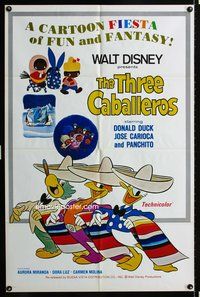4h929 THREE CABALLEROS 1sh R77 great artwork of Donald Duck, Panchito & Joe Carioca!