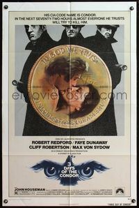 4h930 THREE DAYS OF THE CONDOR 1sh '75 secret agent Robert Redford kisses Faye Dunaway!
