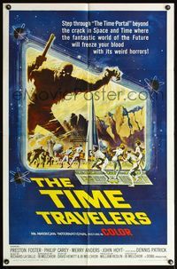 4h944 TIME TRAVELERS 1sh '64 cool Reynold Brown sci-fi art of the crack in space and time!