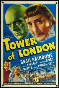 4h006 TOWER OF LONDON style B 1sh '39 great art of executioner Boris Karloff & Basil Rathbone!