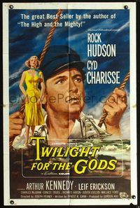 4h960 TWILIGHT FOR THE GODS 1sh '58 great artwork of Rock Hudson & sexy Cyd Charisse on beach!