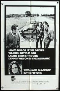 4h962 TWO-LANE BLACKTOP 1sh '71 James Taylor is the driver, Warren Oates is GTO, Laurie Bird