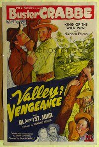 4h967 VALLEY OF VENGEANCE 1sh '44 stone litho of tough cowboy Buster Crabbe, King of the Wild West!