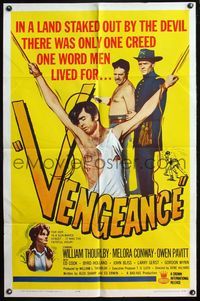 4h969 VENGEANCE 1sh '64 great flogging art, in a land staked out by the devil!