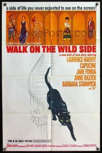 4h974 WALK ON THE WILD SIDE 1sh '62 cool artwork of black cat on stairs & stars on balcony!