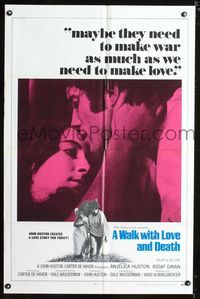 4h975 WALK WITH LOVE & DEATH int'l 1sh '69 John Huston, Anjelica Huston romantic close up!