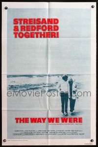 4h977 WAY WE WERE 1sh '73 Barbra Streisand & Robert Redford walk on the beach!