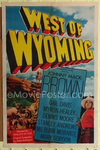 4h979 WEST OF WYOMING 1sh '50 Johnny Mack Brown standing with gun drawn & on horse on hilltop!