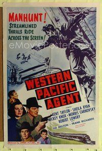 4h981 WESTERN PACIFIC AGENT 1sh '50 Kent Taylor on a manhunt for shooter on top of bridge!