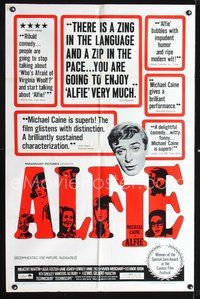 4j046 ALFIE 1sh '66 British cad Michael Caine loves them and leaves them, ask any girl!