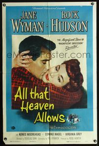 4j048 ALL THAT HEAVEN ALLOWS 1sh '55 close up romantic art of Rock Hudson & Jane Wyman!