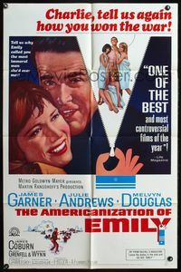 4j059 AMERICANIZATION OF EMILY 1sh '64 James Garner, Julie Andrews, screenplay by Paddy Chayefsky!