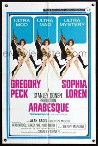 4j068 ARABESQUE 1sh '66 Gregory Peck, sexy Sophia Loren, ultra mod, ultra mad, ultra mystery!