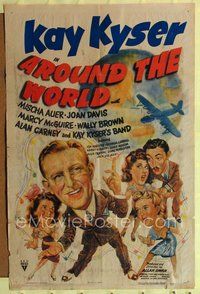 4j073 AROUND THE WORLD 1sh '43 cool cartoon art of Kay Kyser & top stars with plane & globe!
