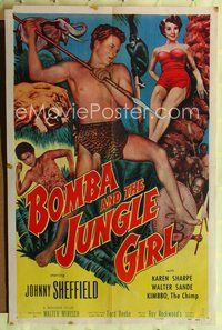 4j128 BOMBA & THE JUNGLE GIRL 1sh '53 great c/u of Johnny Sheffield with spear & sexy Karen Sharpe!