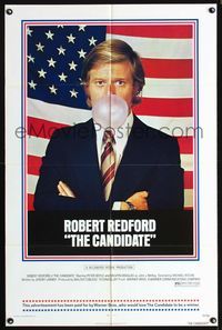 4j160 CANDIDATE 1sh '72 great image of candidate Robert Redford blowing a bubble!