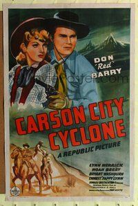 4j168 CARSON CITY CYCLONE 1sh '43 cool art of Don Red Barry holding gun & Lynn Merrick!