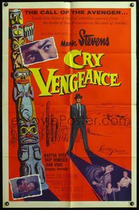 4j198 CRY VENGEANCE 1sh '55 Mark Stevens, film noir, cool totem pole art!