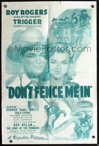 4j224 DON'T FENCE ME IN 1sh R54 art of cowboy Roy Rogers, Dale Evans, George 'Gabby' Hayes!