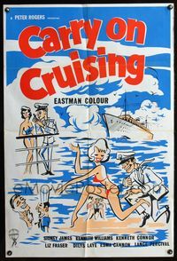 4j003 CARRY ON CRUISING English 1sh '62 great wacky artwork of sailors chasing girls in bikinis!