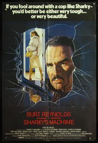 4j020 SHARKY'S MACHINE English 1sh '81 art of Burt Reynolds w/smoking gun through broken glass!